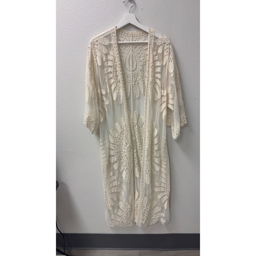 Sol & Selene Lace Kimono Duster Women One Size Cream Boho Mesh Coverup Ethereal